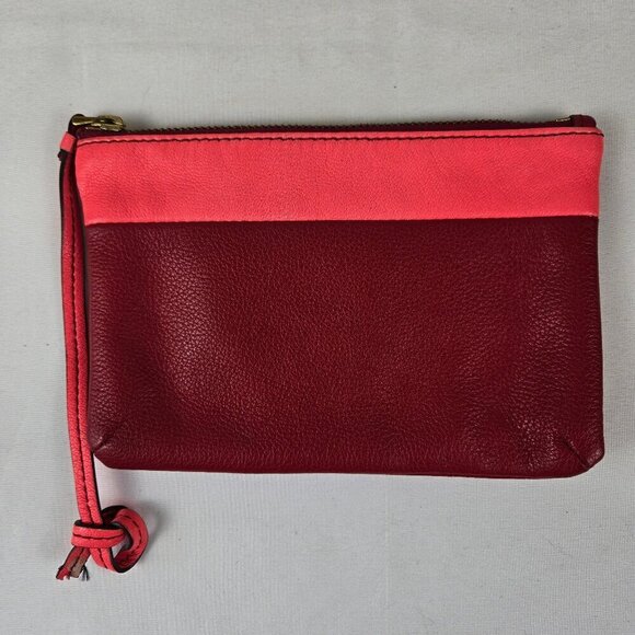 Fossil Pebbled Cowhide Leather Keely Colorblock Pouch Dark Red Pink/Coral - Picture 1 of 9